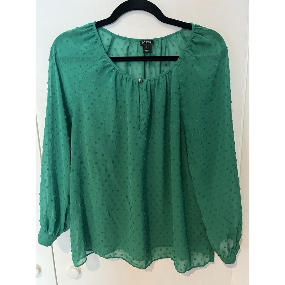 J. Crew‎ Women's Size Medium Sheer Chiffon Kelly Green Dot Top Long Sleeve
